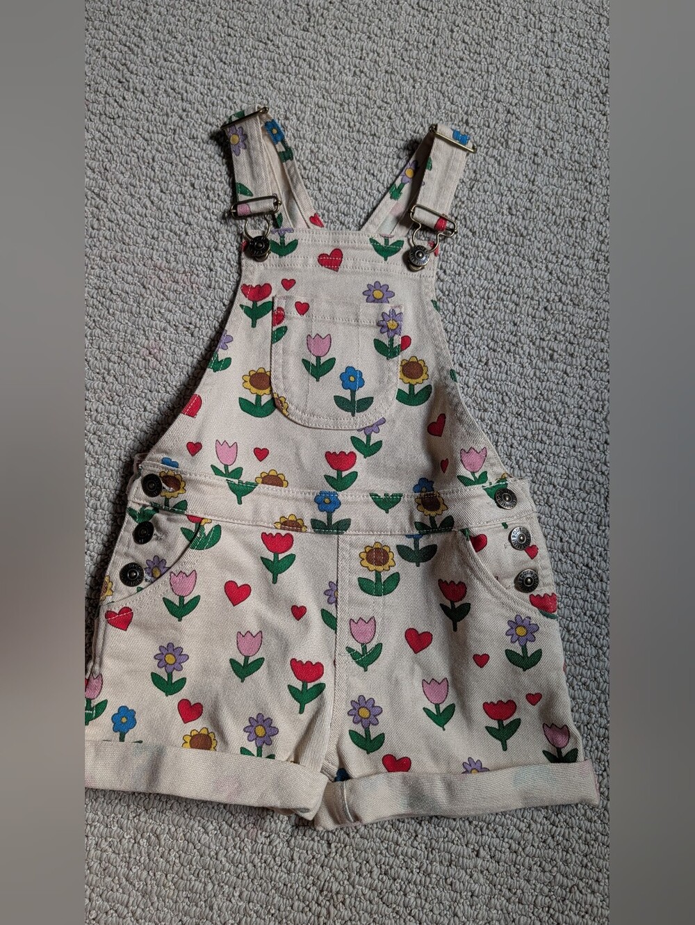 Mini Boden Cream Overall Shorts with Colorful Floral & Heart Print